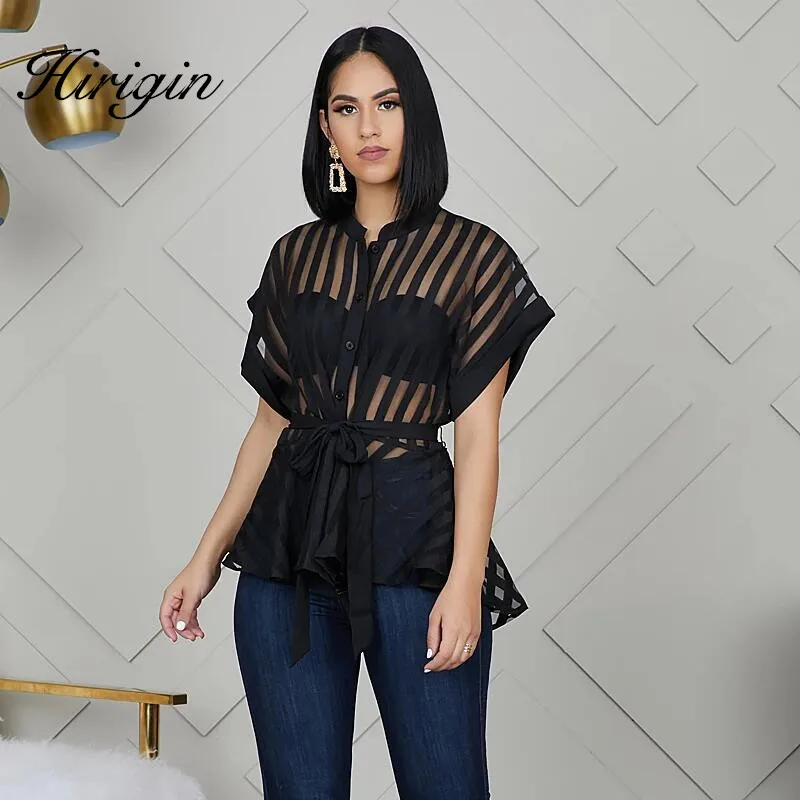 Женская прозрачная рубашка в полоску с баской элегантная летняя сетчатая блузка
