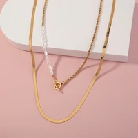 kc gold simple style ot buckle double layered clavicle long chain retro pearl necklace flat gold wire chain choker women jewelry