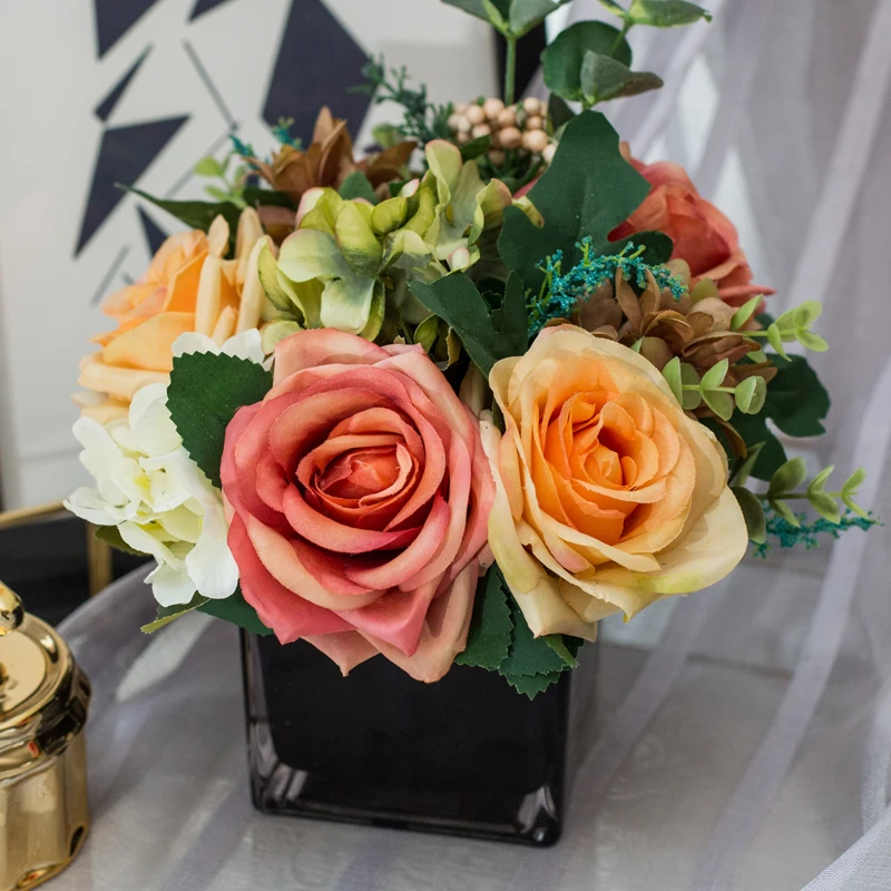 

Европейский Biack стеклянная ваза + набор искусственных цветов Декор домашний шелк искусственный цветок Роза горшок искусство гостиной украш...