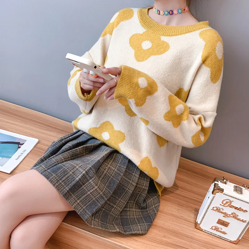 

2020 Flower Pattern And Pullovers O-Neck Long Sleeve Women Autumn Pullover Sweater Tricot Pull Femme