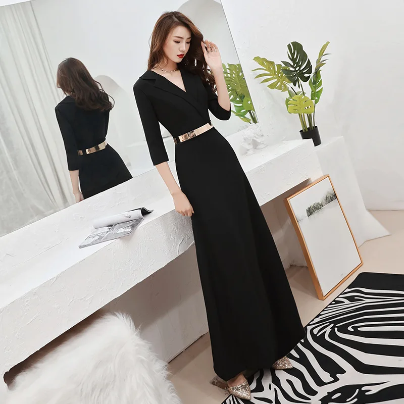 Черное вечерние ское вечернее платье до щиколотки с V образным вырезом|Женские