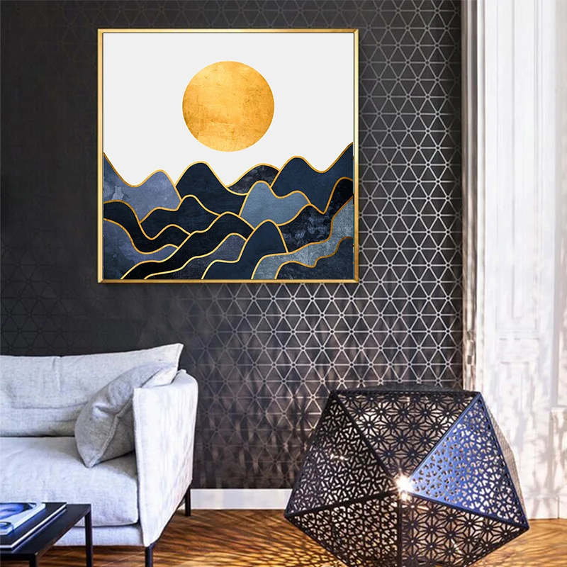 Абстрактная Картина на холсте с изображением утреннего солнца восходящего синей