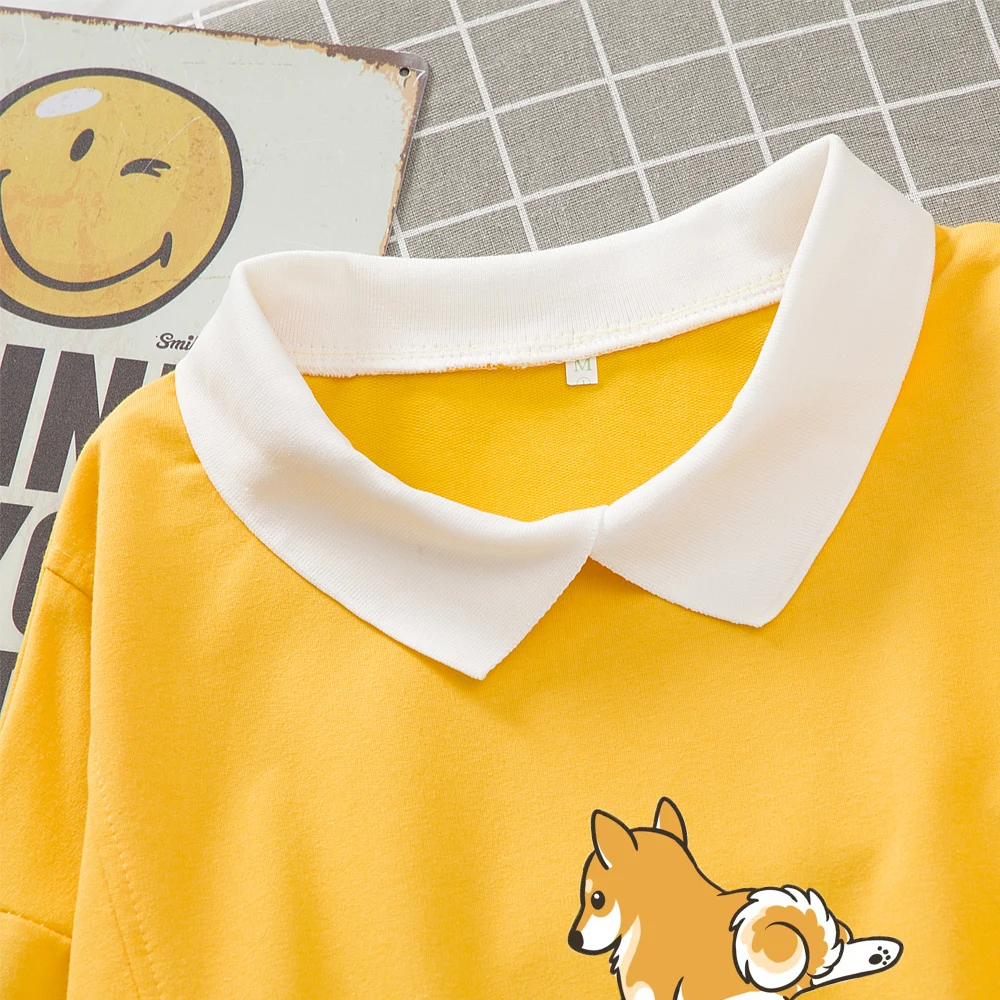 Kawaii Dog Print Hoodie for Women Harajuku Aesthetic Sweatshirt Cotton Cute Turn-down Collar Sweetshirt Winter Hoddies for Teens