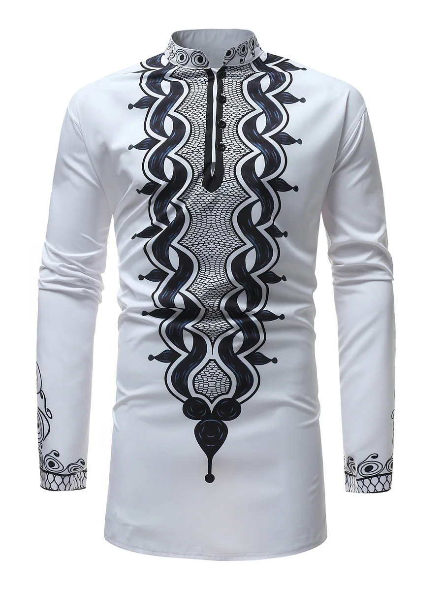 

New Autumn and Spring Fashion Style African Men Printing Polyester Shirts Men's Afro Ethnic Long Sleeve Stand-Up Collar