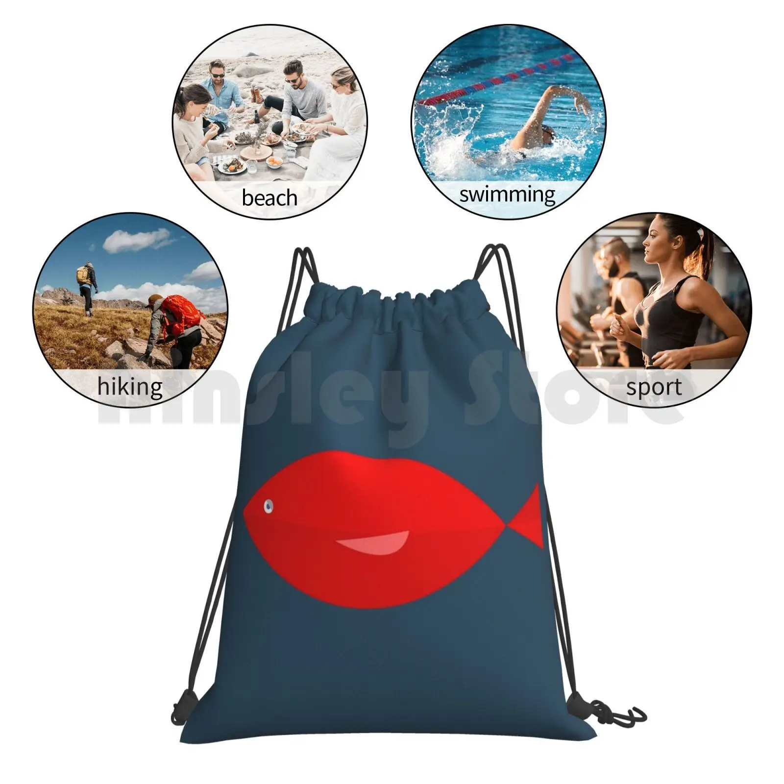 

Sleepy Red Fish In A Steel Blue Sea. Minimalist Ocean Design Backpack Drawstring Bags Gym Bag Waterproof Fish Animals