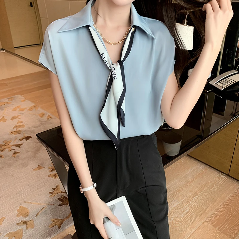 

Summer Women Shirts Office Lady Work Wear Elegant Blouse V Neck Solid Loose Short Sleeve Vintage Blusas Female Tops 2258#