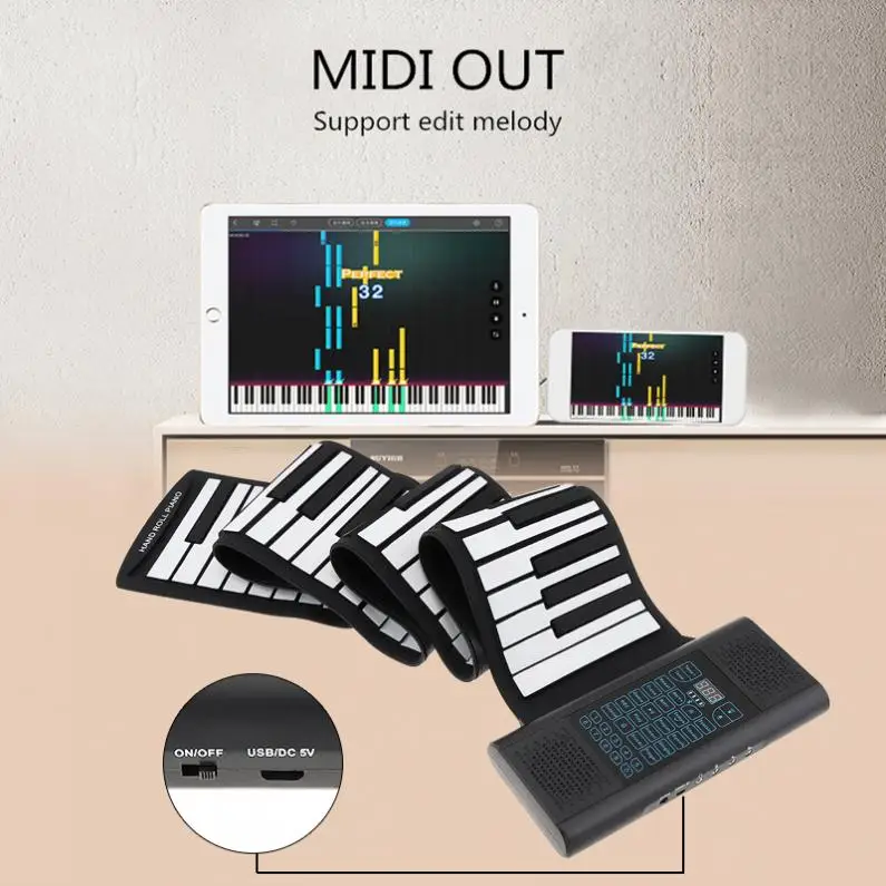 88 Keys Roll Up Electronic Piano Rechargeable Flexible Keyboard Organ Built-in 2 Speakers Support MIDI Bluetooth-compatible
