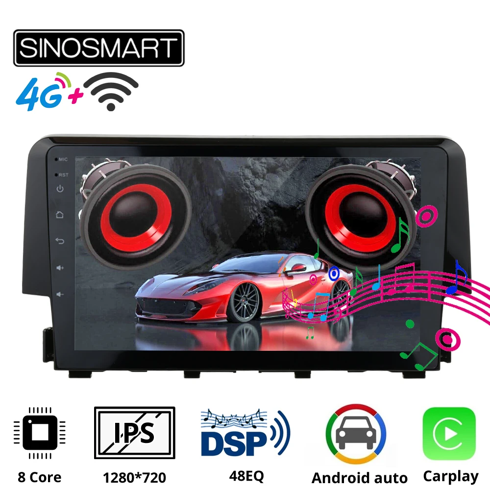 

Sinosmart автомобильный радиоприемник с навигацией GPS для Honda Civic 2016 2din 2.5D IPS/QLED экран 8 ядер, DSP 48EQ