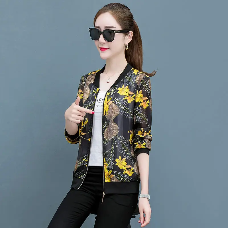 

2021 Women Spring Autumn Flower Print Jacket Female O-neck Long Sleeve Bomber Jacket Lady Casual Slim Zipper Vintage Jacket I457