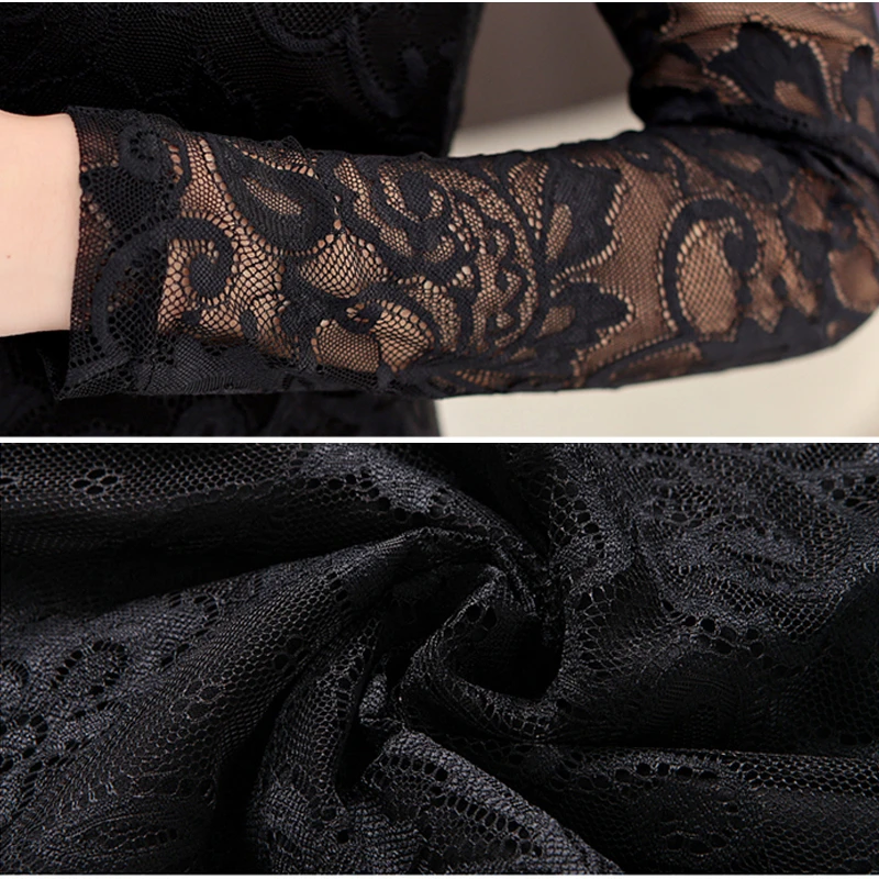Женская кружевная блузка с V образным вырезом и длинным рукавом|black lace blouse|lace
