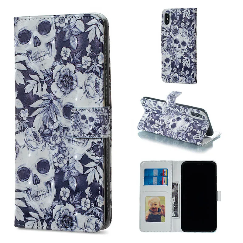 Skull Flower Кожаный бумажник чехол для телефона для samsung Galaxy S6 S7 Edge S8 S9 Plus S9+ S8+ G9650 G9600 цветочный флип-чехол для iPhone 11 8 7 чехол s - Цвет: Skull Flower