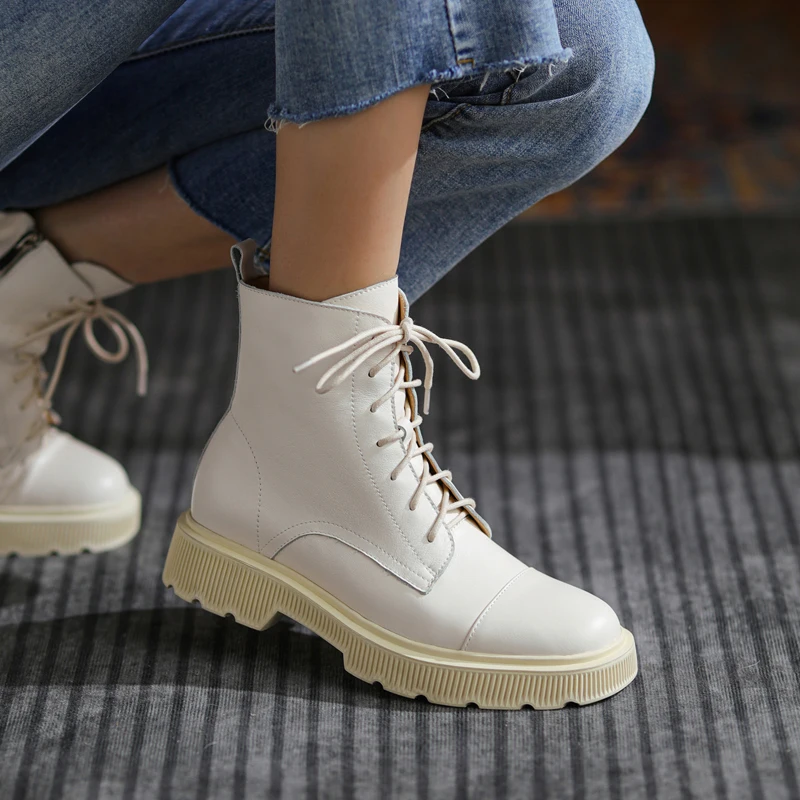 

2021 Woman Real Leather Ankle Boots Fashion Shoes Woman Short Winter Boots Platform Round Toe Footwear Martin Boots Flat with