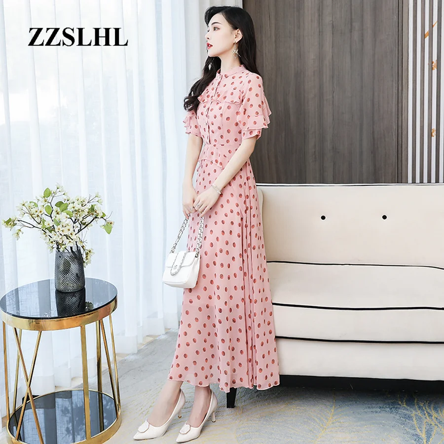 

2020 Spring Summer Dot Chiffon Sweet Maxi Dresses 3XL Plus Size Vintage Runway Midi Dresses Elegant Women Bodycon Party Vestidos