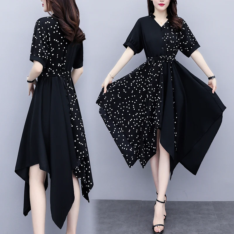 

COCOEPPS Plus Size Women Work Office Dress Polka Dot Black Shirt Dress Elegant Midi Chiffon Dress 4XL Big Size Summer Dresses
