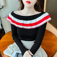 off shoulder ruffles slash neck womens sweaters 2021 autumn new striped long sleeved sweet fashion sweater pullover women tops