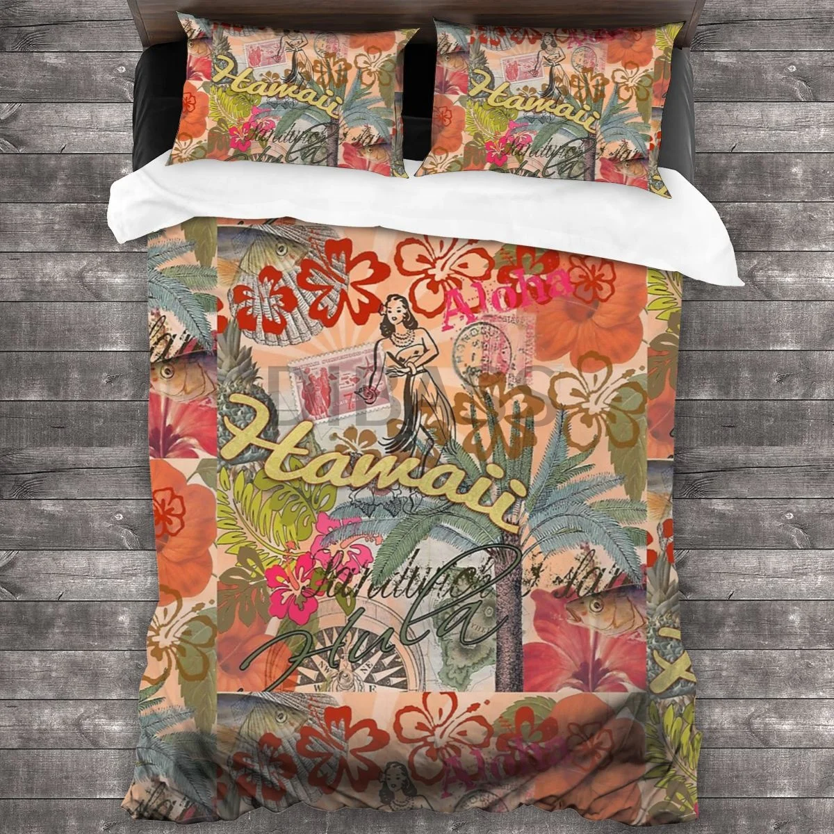 

Vintage Hawaii Travel Colorful Hawaiian Tropical Collage Comforter Set with 2 Pillowcases，Soft Microfiber Bedding Set 3 Piece