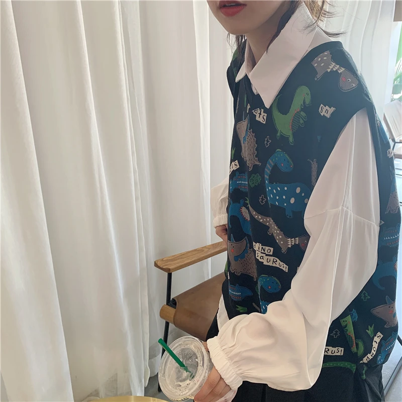 Woherb Женский вязаный жилет с v-образным вырезом Harajuku Kawaii с рисунком динозавра Женский Повседневный безрукавный вязаный жилет