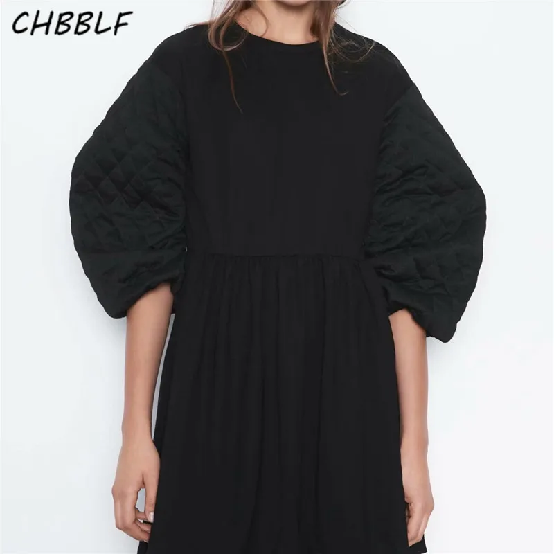 

CHBBLF women elegant retro doll mini dress round collar puff long sleeve solid color short dress female loose vestidos BGB9715