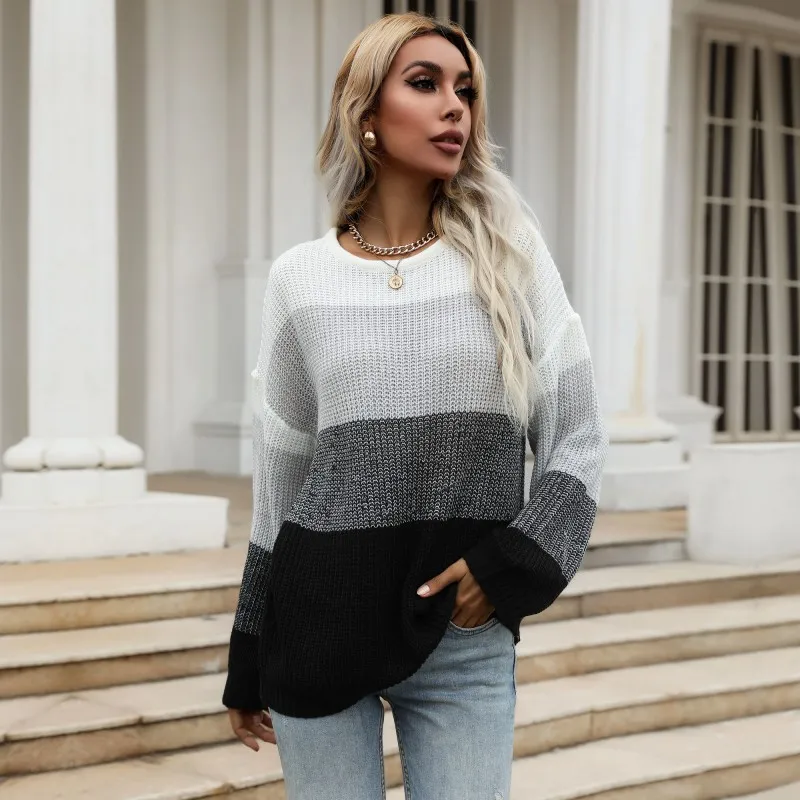 

Fall 2021 Loose Stitching Woman Sweaters Knitted Long-sleeved Sweater Dropshipping Fall Clothes for Women Vintage Sweater XL