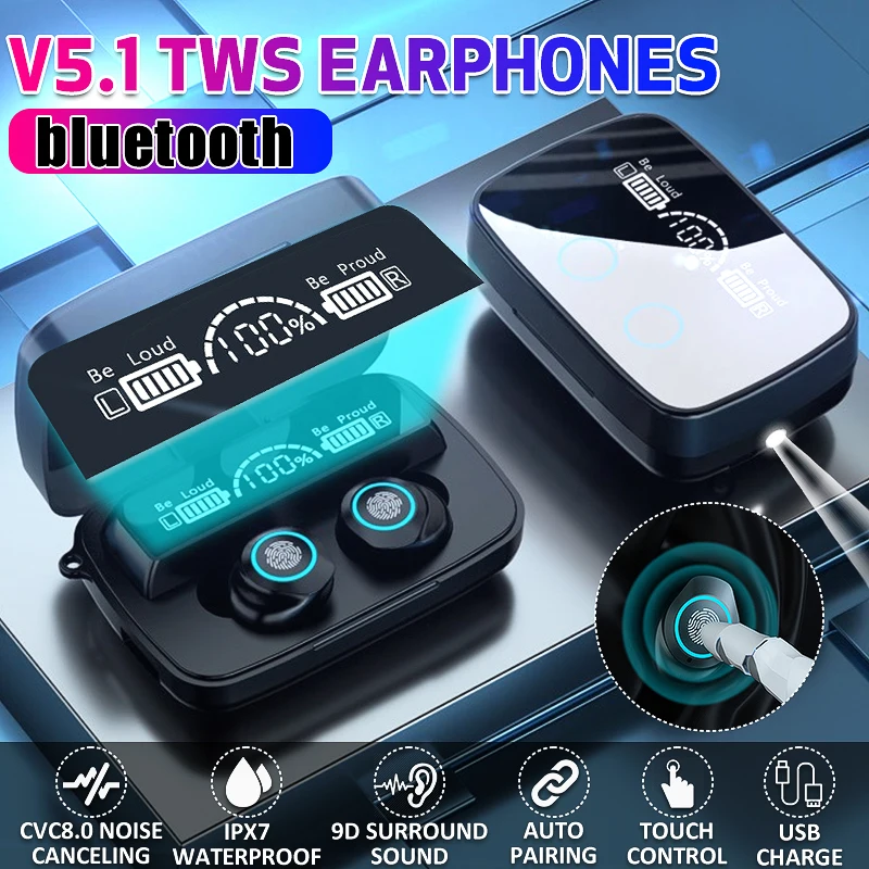 

Беспроводные bluetooth-наушники v5.1, TWS стереонаушники M17, bluetooth-наушники-вкладыши, гарнитура с фонариком, зарядное устройство 2000 мАч