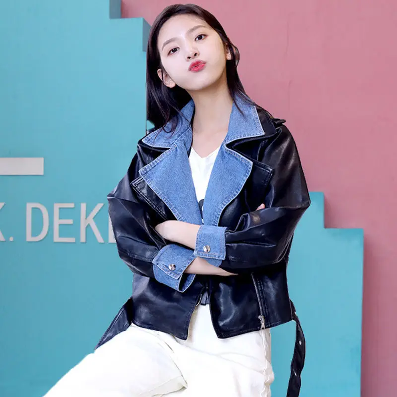 

Women 's Leather Top 2020 Spring And Autumn Denim Stitching Suit Collar Loose Jacket Easy Matching Coat