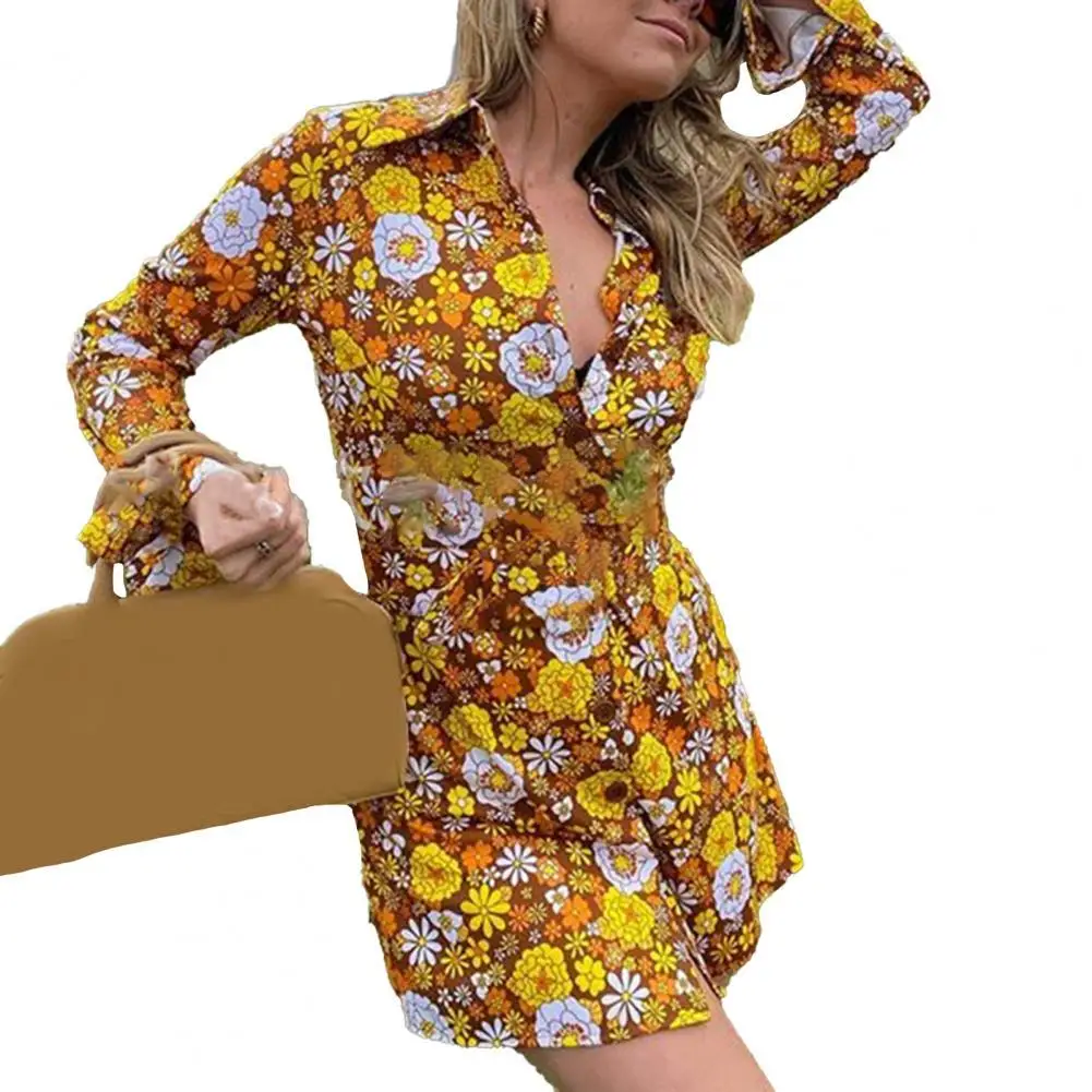 

Mini Dress Printing Turn-down Collar Loose Long Sleeve Shirt Dress for Daily Life платье летнее женское2021
