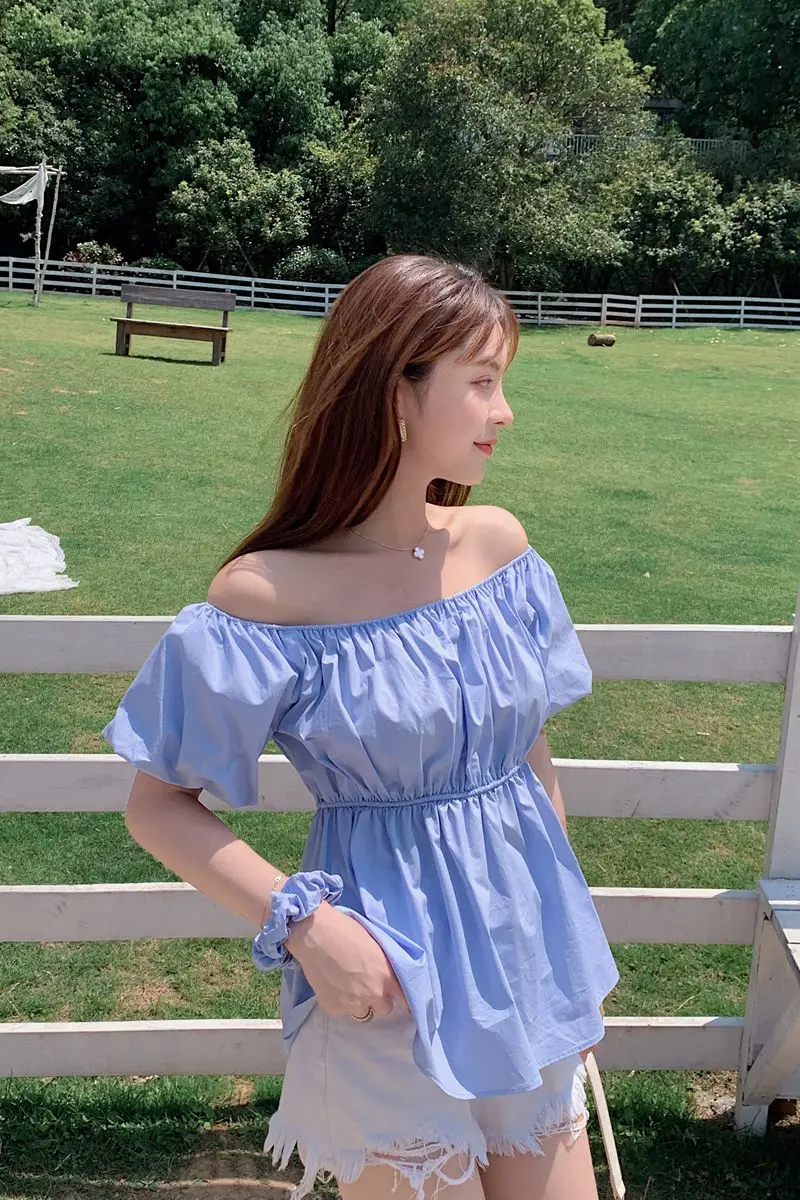 

COIGARSAM French Style Solid blouse women Summer Slash neck High Waist blusas womens tops and blouses White Blue 02175