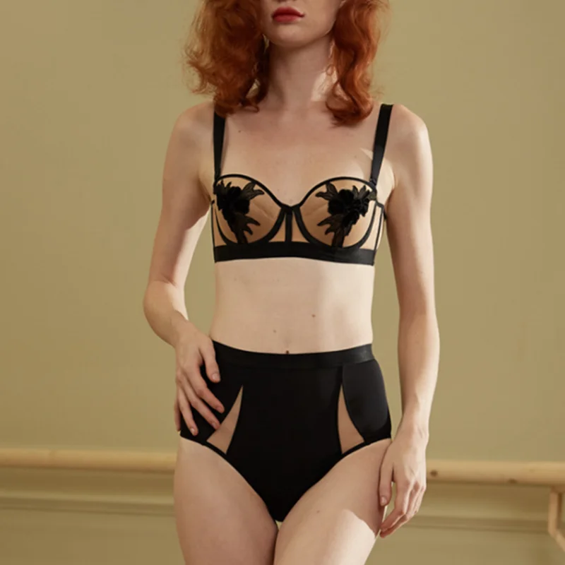 

Sexy Embroidery Bra Set Push-up Vintage Underwear Set Underwire Urtal Thin Bralette High Waist Panties Set Lingerie Briefs