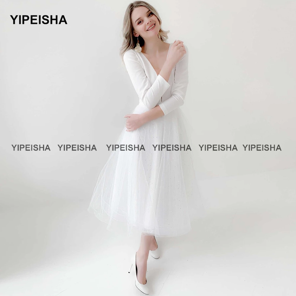 

Yipeisha Little White Dress for Party 3/4 Sleeves A-line Short Cocktail Dresses Simple Plus Size Prom Gown