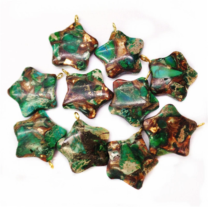 

20Pcs 20x6mm Wholesale Green And Bronze Sea Sediment Jasper & Pyrite Five-pointed Star Pentagram Pendant Bead S119