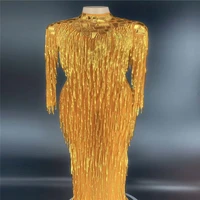 q02 singer stage perform wears gold tassels evening dress long sleeve gold mirror sparkly shinning elastic outfit bag hip skirt