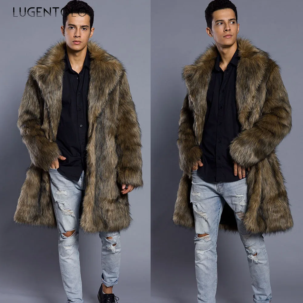 

Lugentolo Fashion Faux Fur Warm Autumn Winter Thicken Long Laeeve Coats Lapel Men's Casual Pocket Solid Straight Long Faux Fur