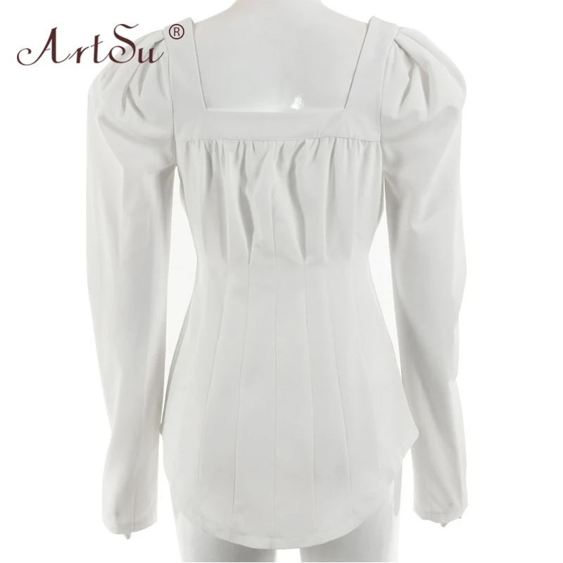

ArtSu Sexy Square Collar Puff Sleeve White Shirt Women Black Blouse Fashion Autumn Winter Slim Party Tops Lady 2020 New Blouses