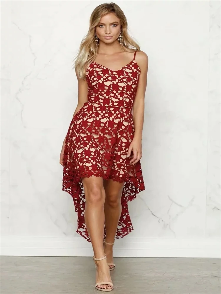 

Fesson Midi Lace Dress Women Elegant Mesh Irregular Cut Out Sexy Solid Prom Dresses 2021 Bodycon Ladies Bridesmaid Dresses