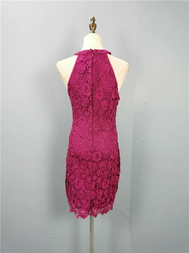

French Refreshing Style Sleeveless Strapless Sexy Net Red Solid Color Lace Hollow Crochet Dress A342