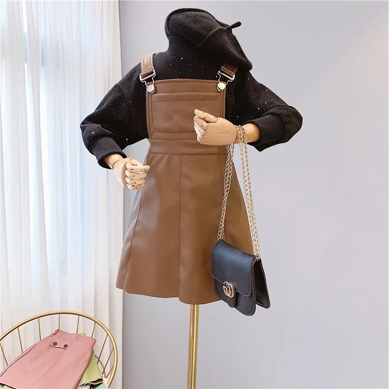Autumn New Arrival Girls Fashion 2 Pieces Sets Warm Fleece Long Sleeve T Shirt+PU Overalls Dress Thanksgiving Outfits
