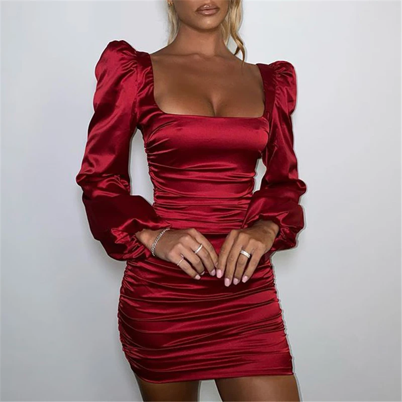 

Articat New Satin Puff-Sleeve Ruched Dress For Women Solid Square Collar Sexy Dresses Ladies Streetwear Backless Zip Vestidos