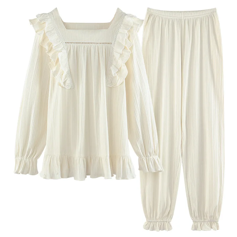 Autumn Winter Two Piece Set 100% Pure Cotton Long Puff Sleeve Trousers Women Pajamas Suit Cute Princess Style Sleepwear Homewear