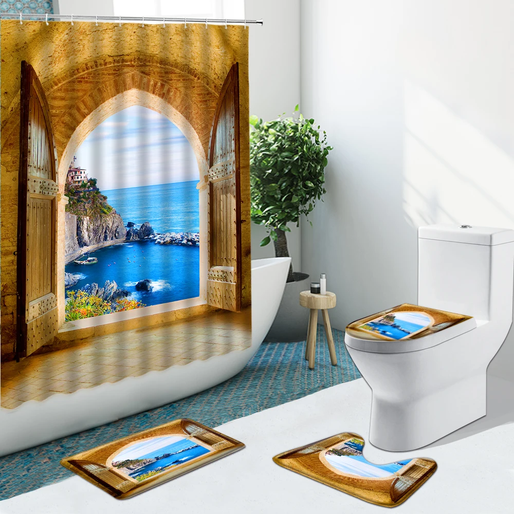 

Moroccan Arches Shower Curtains Ancient Architecture Door Non-Slip Flannel Rugs Bathroom Set Toilet Cover Bath Mat Indoor Decor