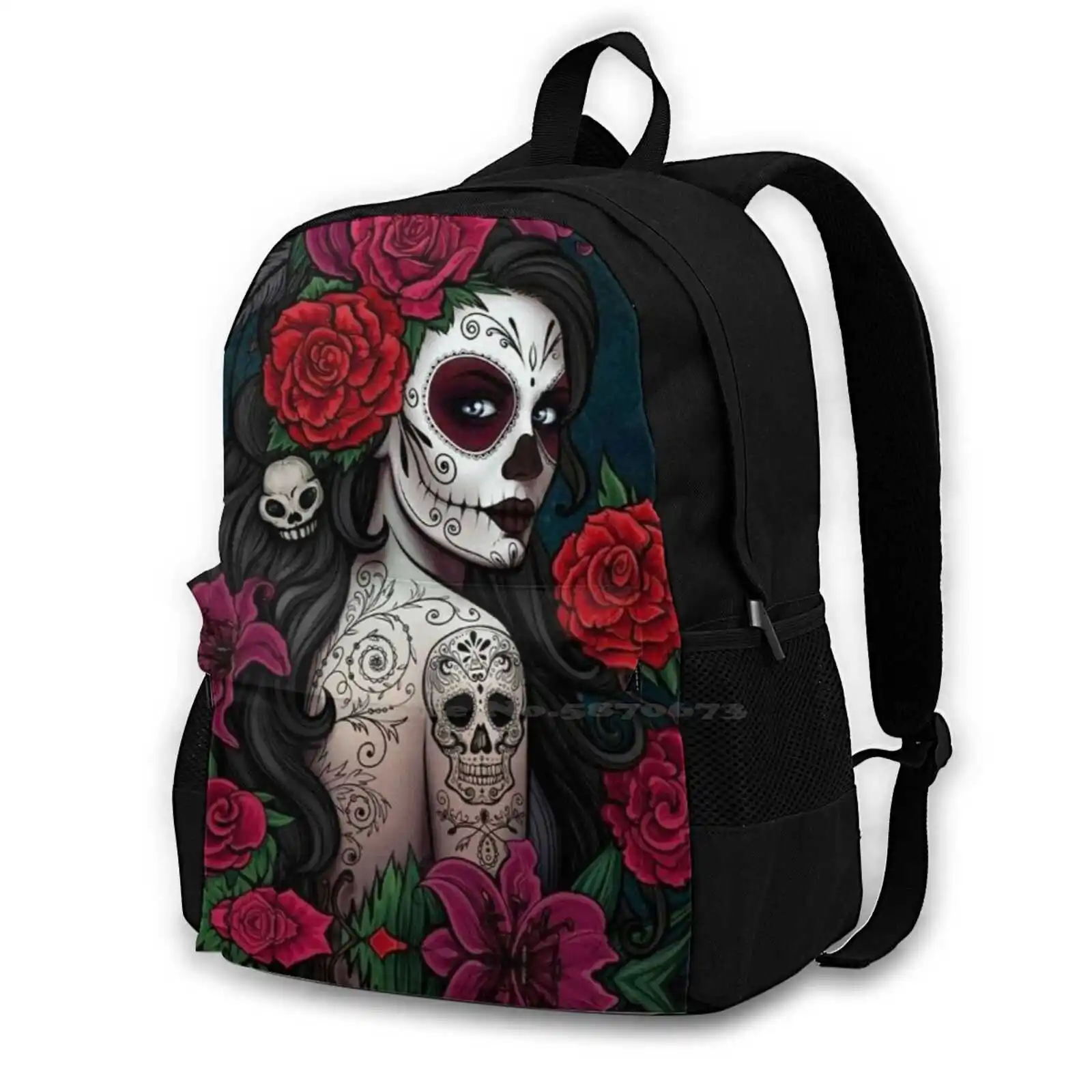 

Catrina Tatto Fashion Bags Backpacks Catrina Day Dead Skull Tattoo Flowers Womens Beautiful Pink Purple Red Green Black Dark