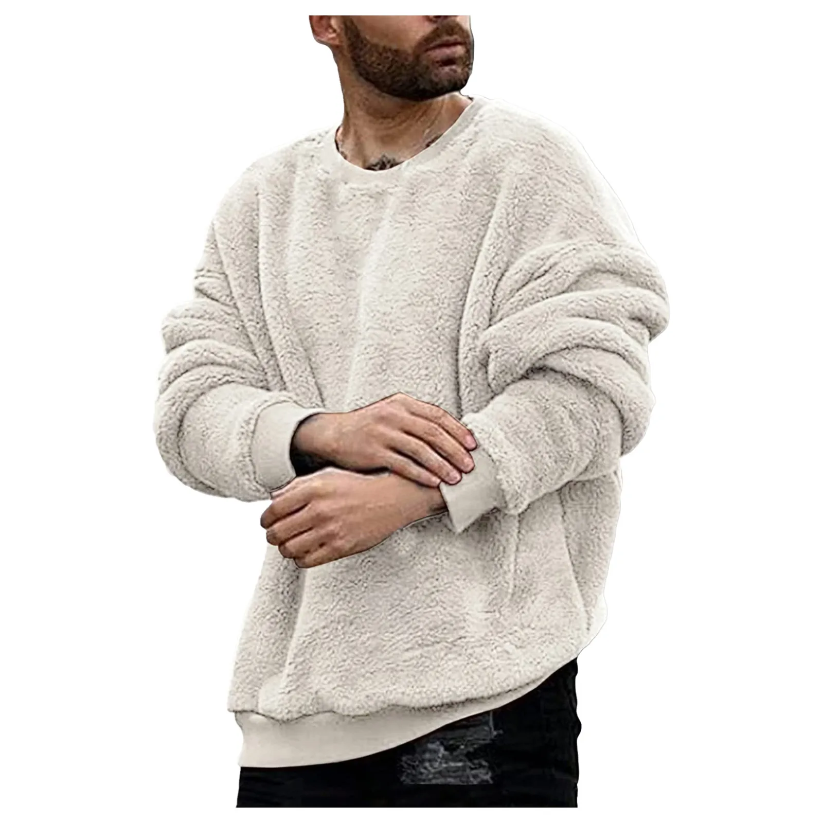Men Fuzzy Pullover Woolen Fleece Warm Crewneck Sweatshirt Long Sleeve Streetwear Fall Winter Thick Faux Fur Jacket Coat Outwear
