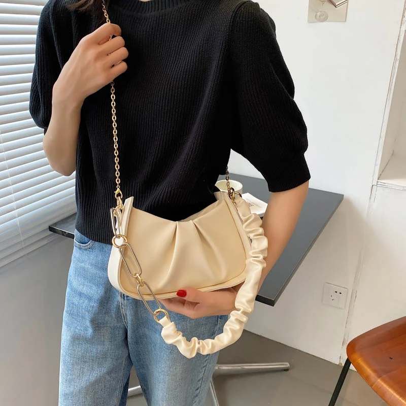 

High Quality Soft Leather Armpit Bag for Women Big Chain Ladies Handbags Brand Design Pleated Shoulder Bag Female Crossbody Bags