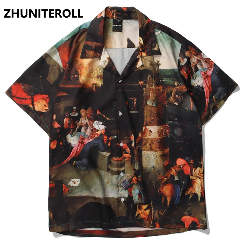 

2021 Fashion Beach Shirts Oil Painting Print Hip Hop Button Shirt Mens Casual Harajuku Short Sleeve Holiday Party Blouse Tops