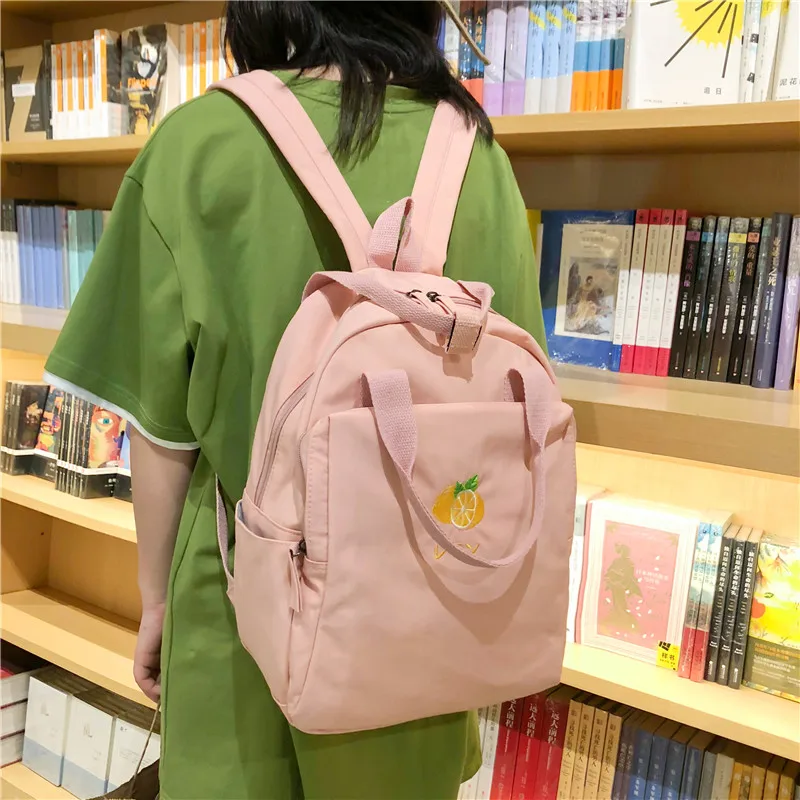 

2020 New Fruit embroidery Women Backpack Little Fresh Waterproof Nylon Solid Color Shoulder Bag Girls Schoolbag for Teenagers