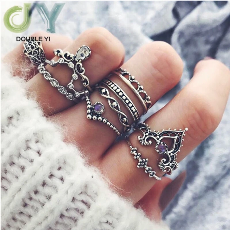 

Free shipping 10pcs/pack Retro alloy hollow carved 10-piece combination ring