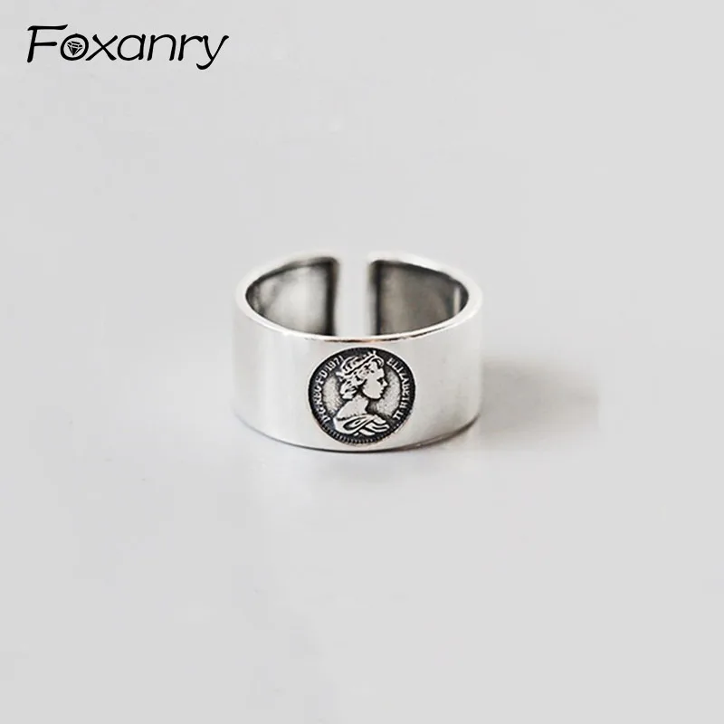

Foxanry Vintage Silver Color Rings for Women Couples Simple Creative Portrait Queen Finger Ring Party Accessories Jewelry