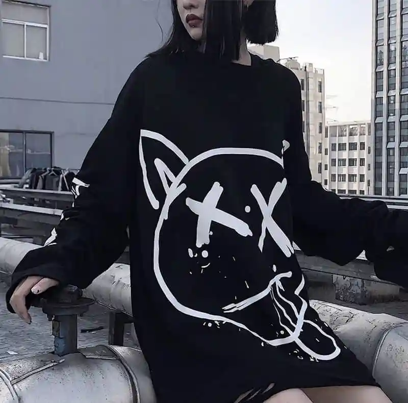 gothic sweatshirt Women korean oversized long sleeve t shirt hip hop punk streetwear girls tees Black Loose Long Sleeve T Shirt | Женская