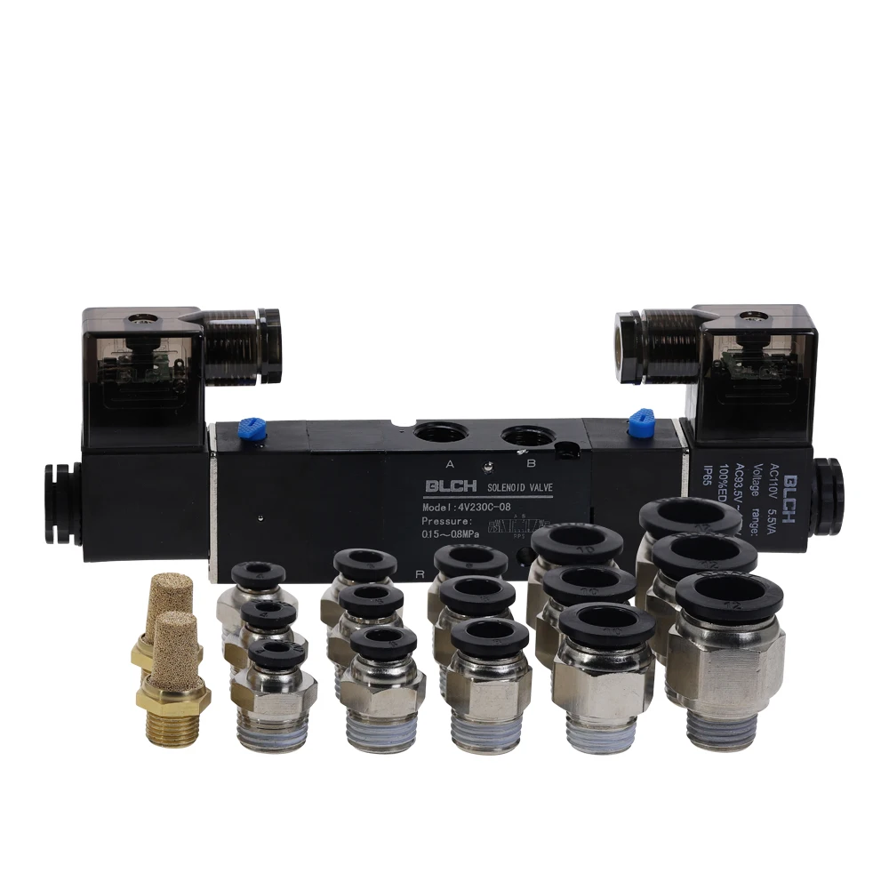Pneumatic Electric Solenoid Air Valve 5 Way 3 Position 4V230C-08 DC12V DC24V AC110V AC220V with Fitting and Muffler | Обустройство