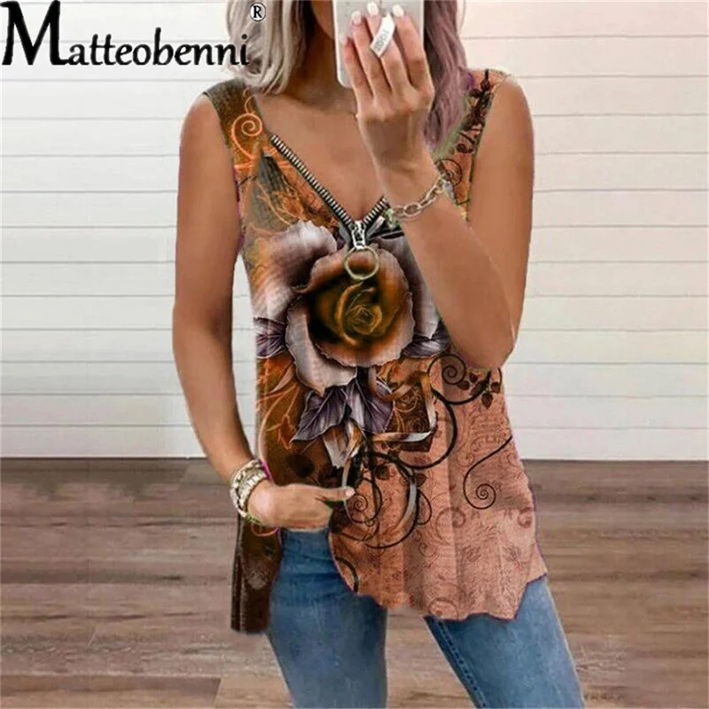 

Women's V-Neck Zipper Rose Flower Printed Casual T-Shirt Vest Top Summer Sleeveless Loose Ladies Tops Spaghetti Strap Tank Top