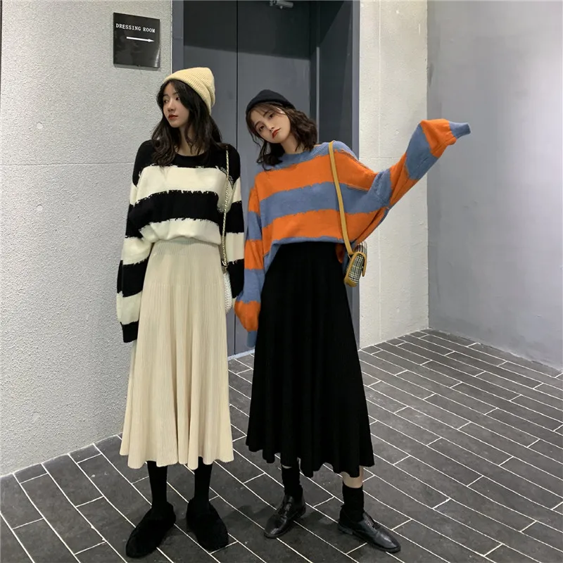 Зимние женские вязаные миди юбки корейские повседневные трапециевидные